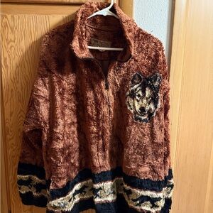 Brown Fleece Jacket with Wolf Design